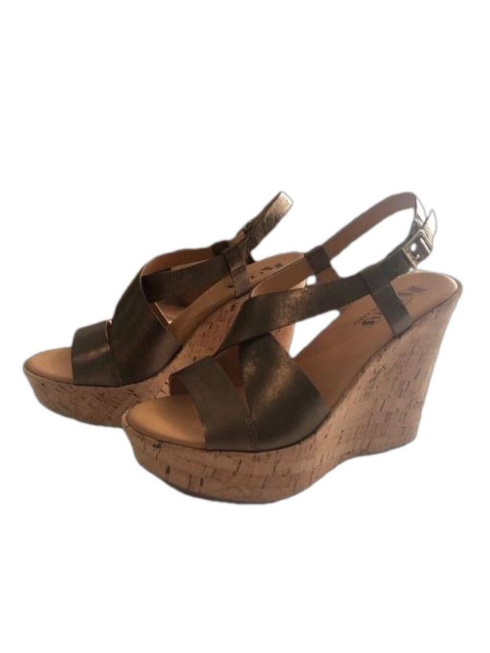 Korks by Kork- Ease bronze metallic leather sandals with cork wedge. Size 8